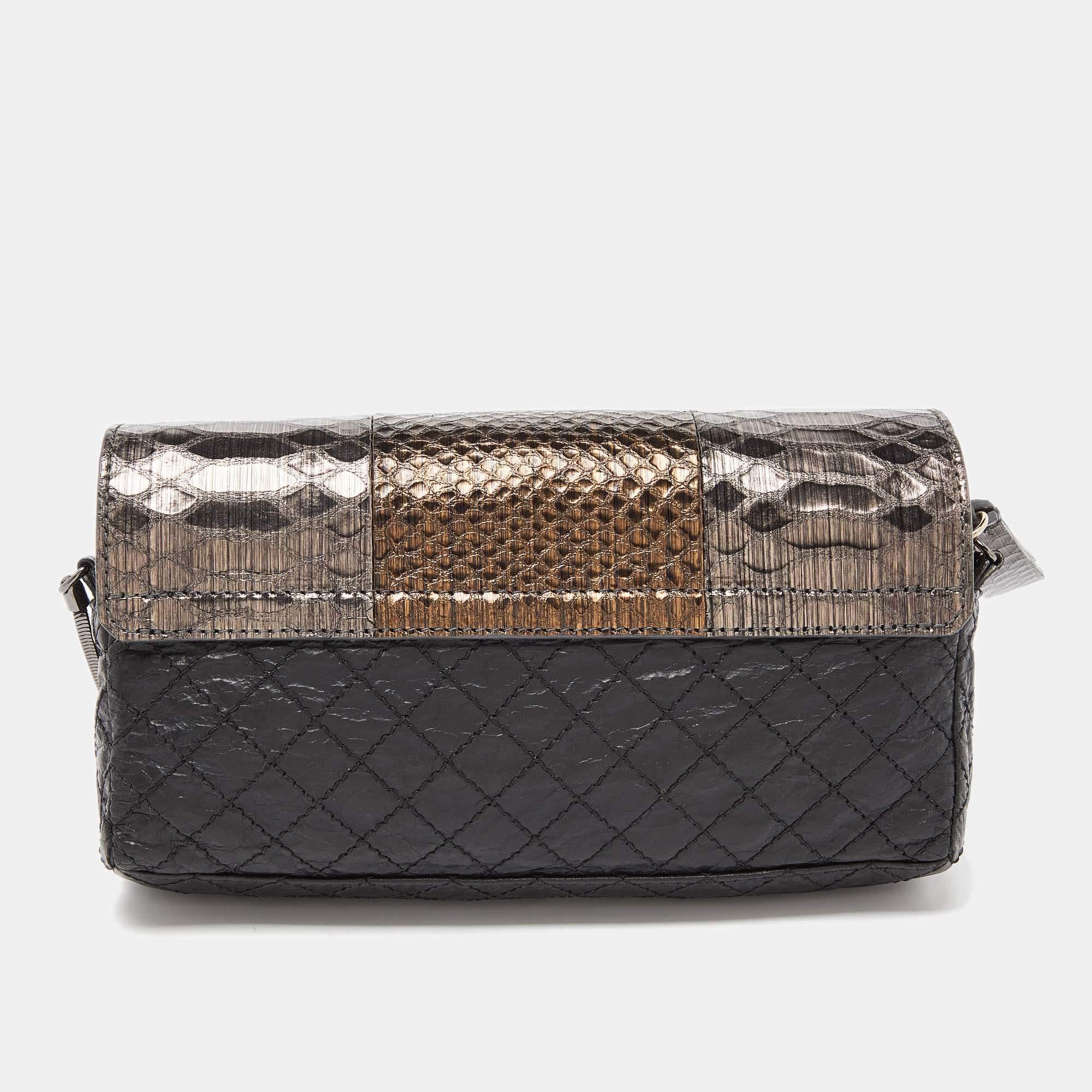 Women's Lanvin Black/Gold Quilted Leather and Python Embossed Leather Flap Crossbody Bag For Sale