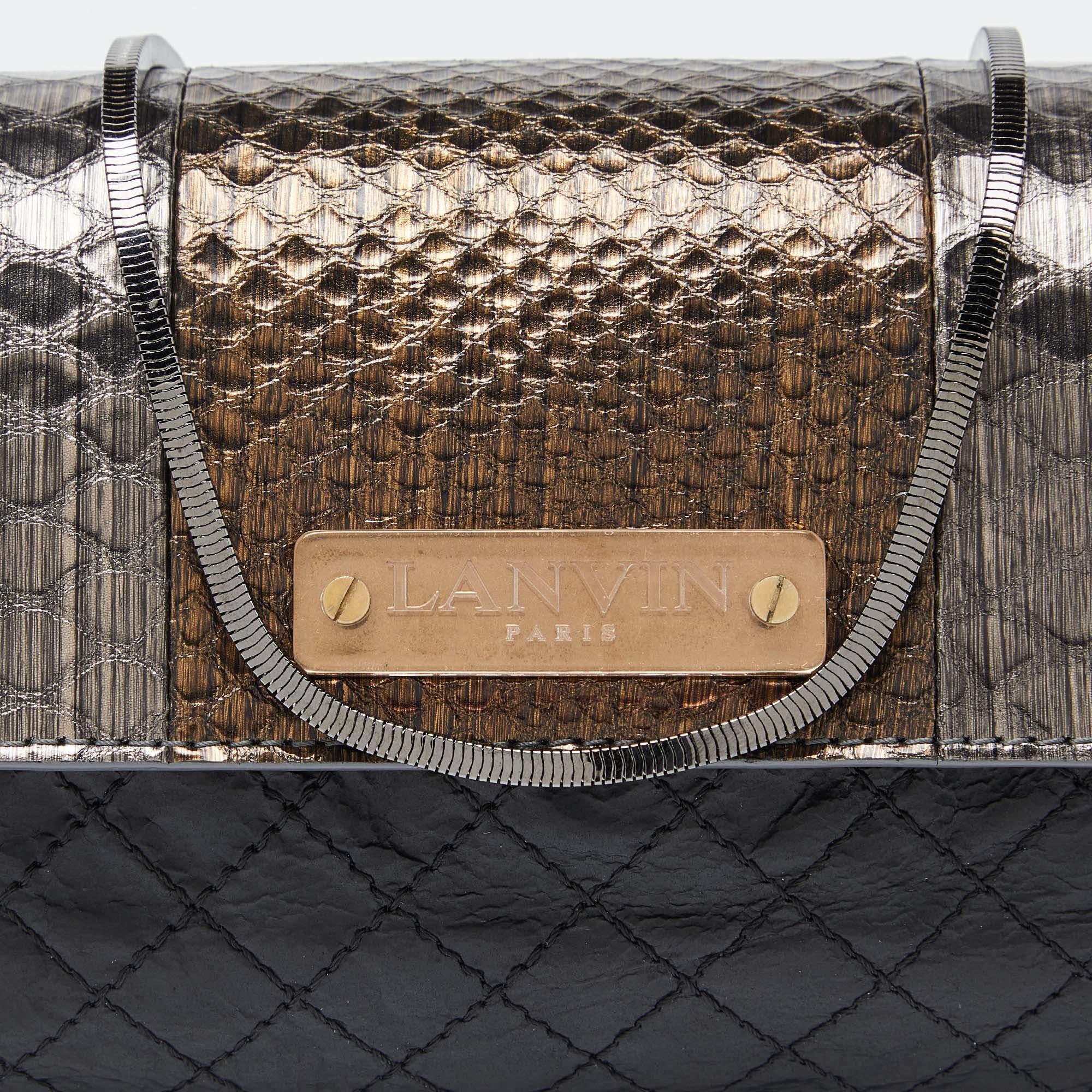 Lanvin Black/Gold Quilted Leather and Python Embossed Leather Flap Crossbody Bag For Sale 5