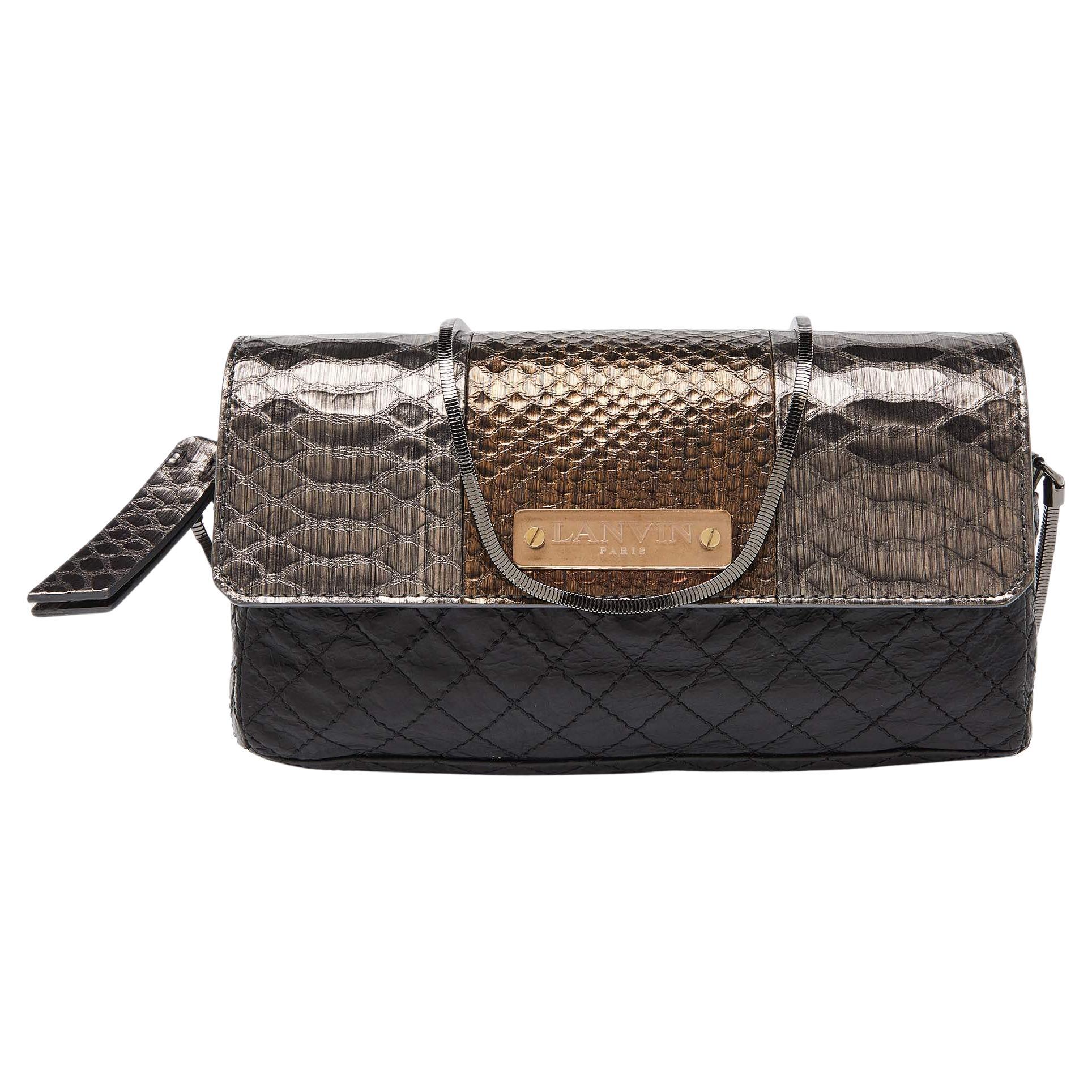 Lanvin Black/Gold Quilted Leather and Python Embossed Leather Flap Crossbody Bag en vente
