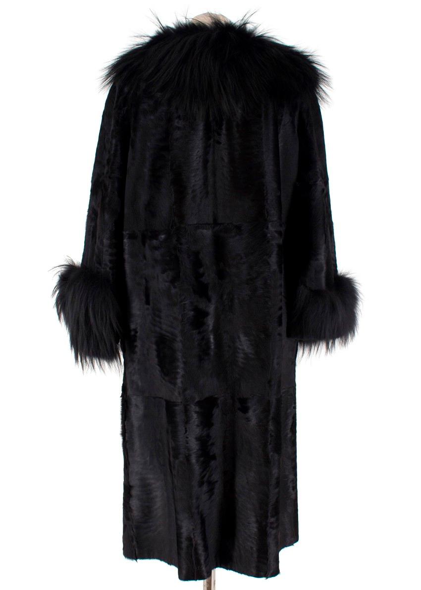 Lanvin Black Lambs Fur Long Coat With Fox Fur Trim FR 38 In New Condition In London, GB