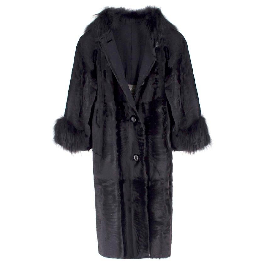 Women's Lanvin Black Lambs Fur Long Coat With Fox Fur Trim FR 38