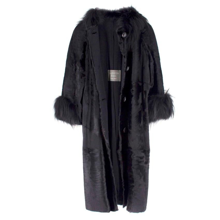 Lanvin Black Lambs Fur Long Coat With Fox Fur Trim FR 38 1