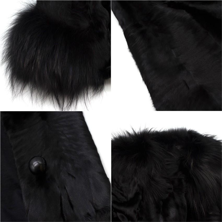 Lanvin Black Lambs Fur Long Coat With Fox Fur Trim FR 38 5