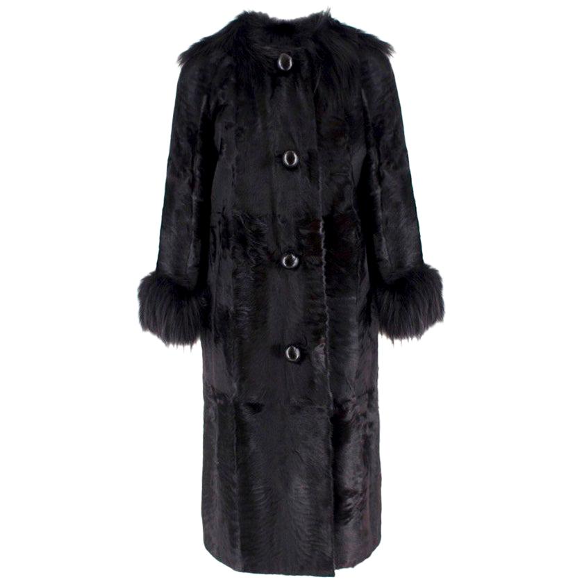Lanvin Black Lambs Fur Long Coat With Fox Fur Trim FR 38