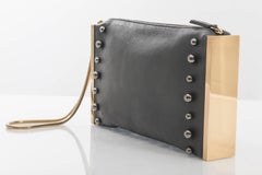 Lanvin Black Leather and Brass Studded Wristlet Clutch Bag