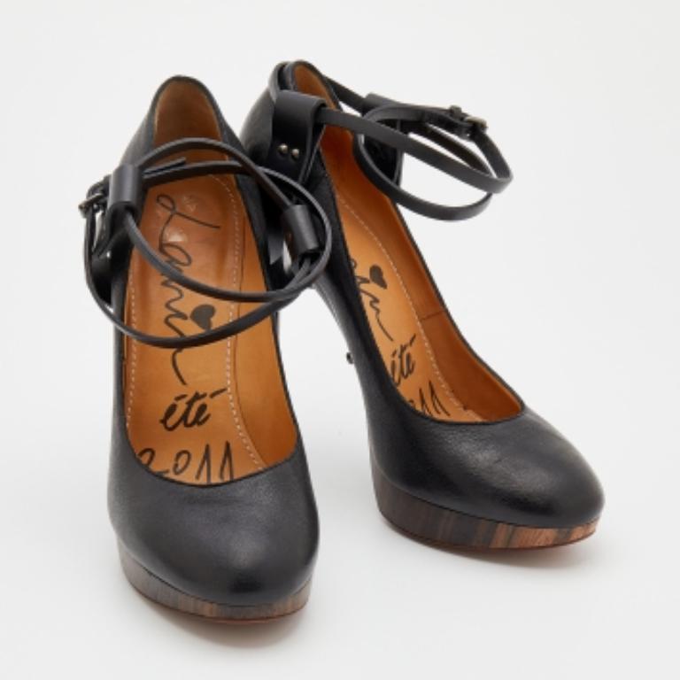 Women's Lanvin Black Leather Ankle Strap Platform Pumps Size 40