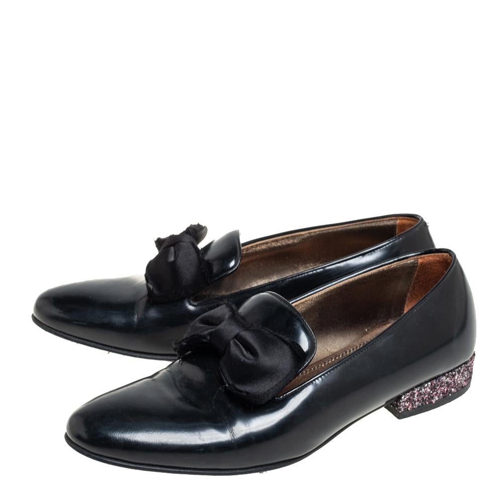 Lanvin Black Leather Bow Embellished Leather Loafers Size 39 2