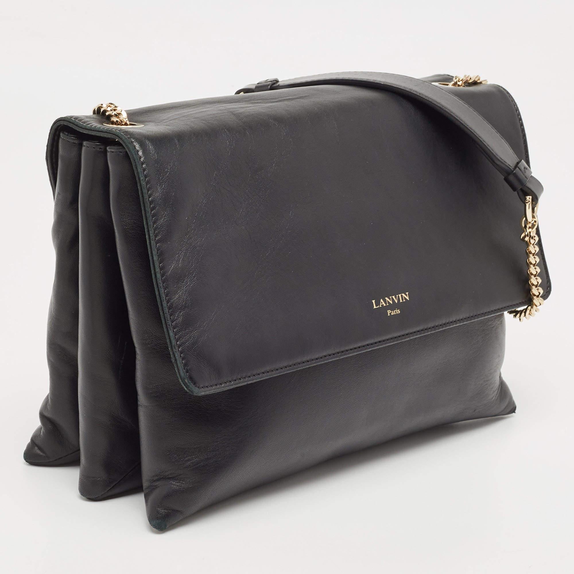  Lanvin Black Leather Flap Chain Shoulder Bag Pour femmes 