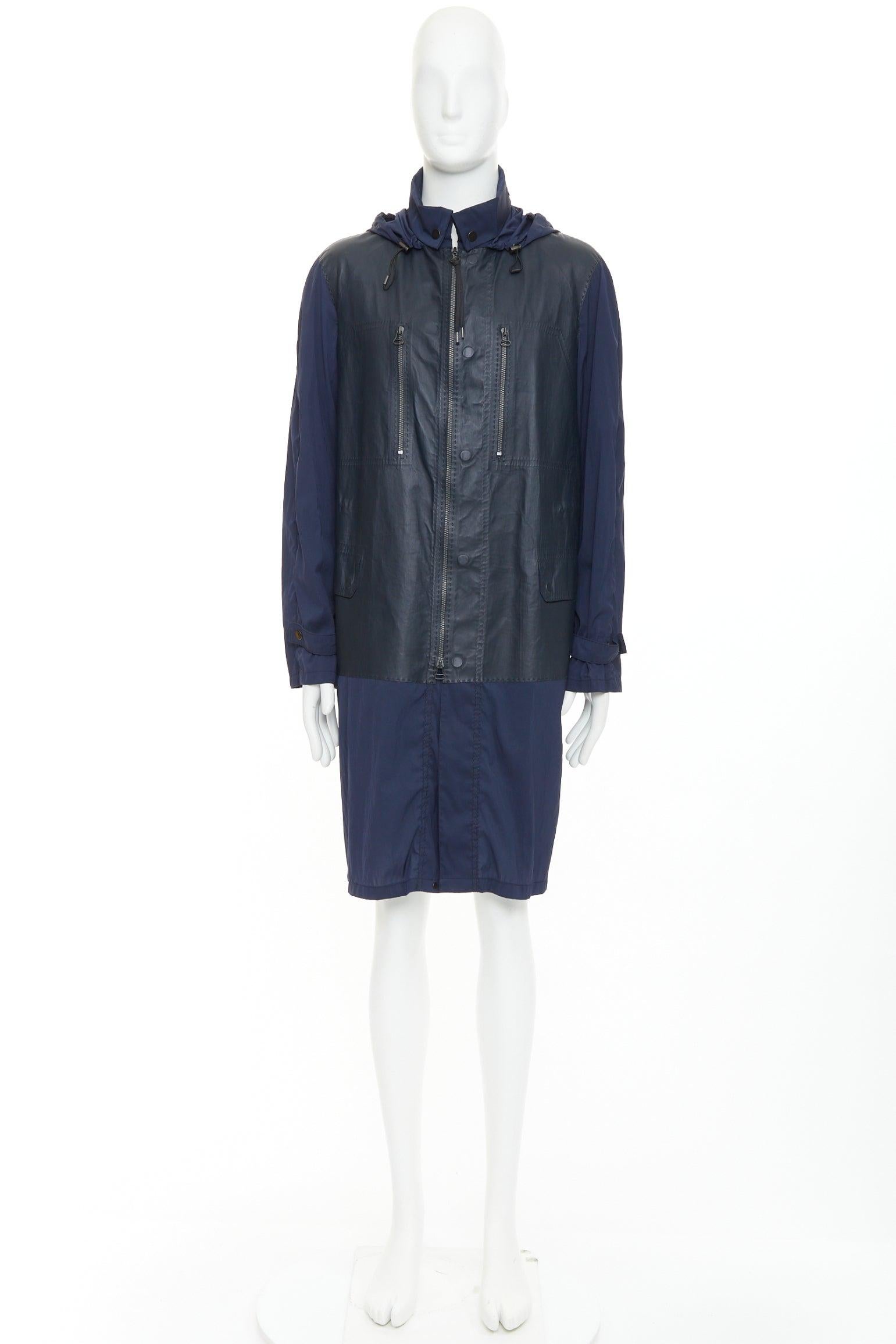 LANVIN manteau anorak en nylon léger marine avec empiècements en cuir noir FR48 M en vente 5