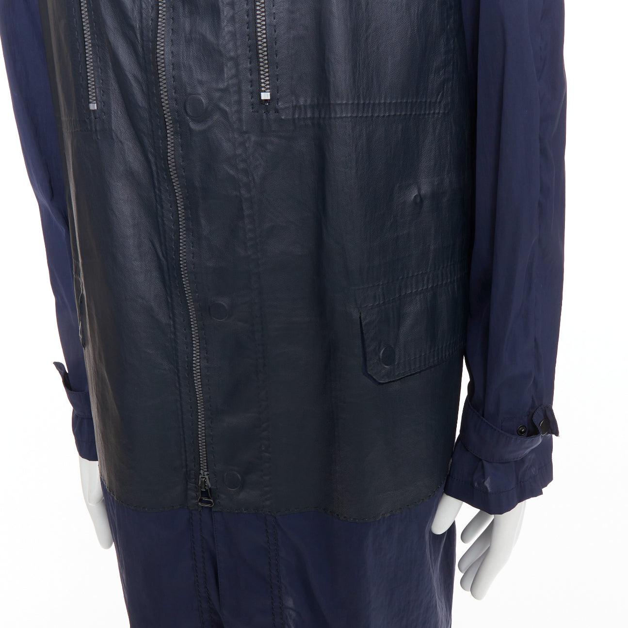 LANVIN manteau anorak en nylon léger marine avec empiècements en cuir noir FR48 M en vente 3