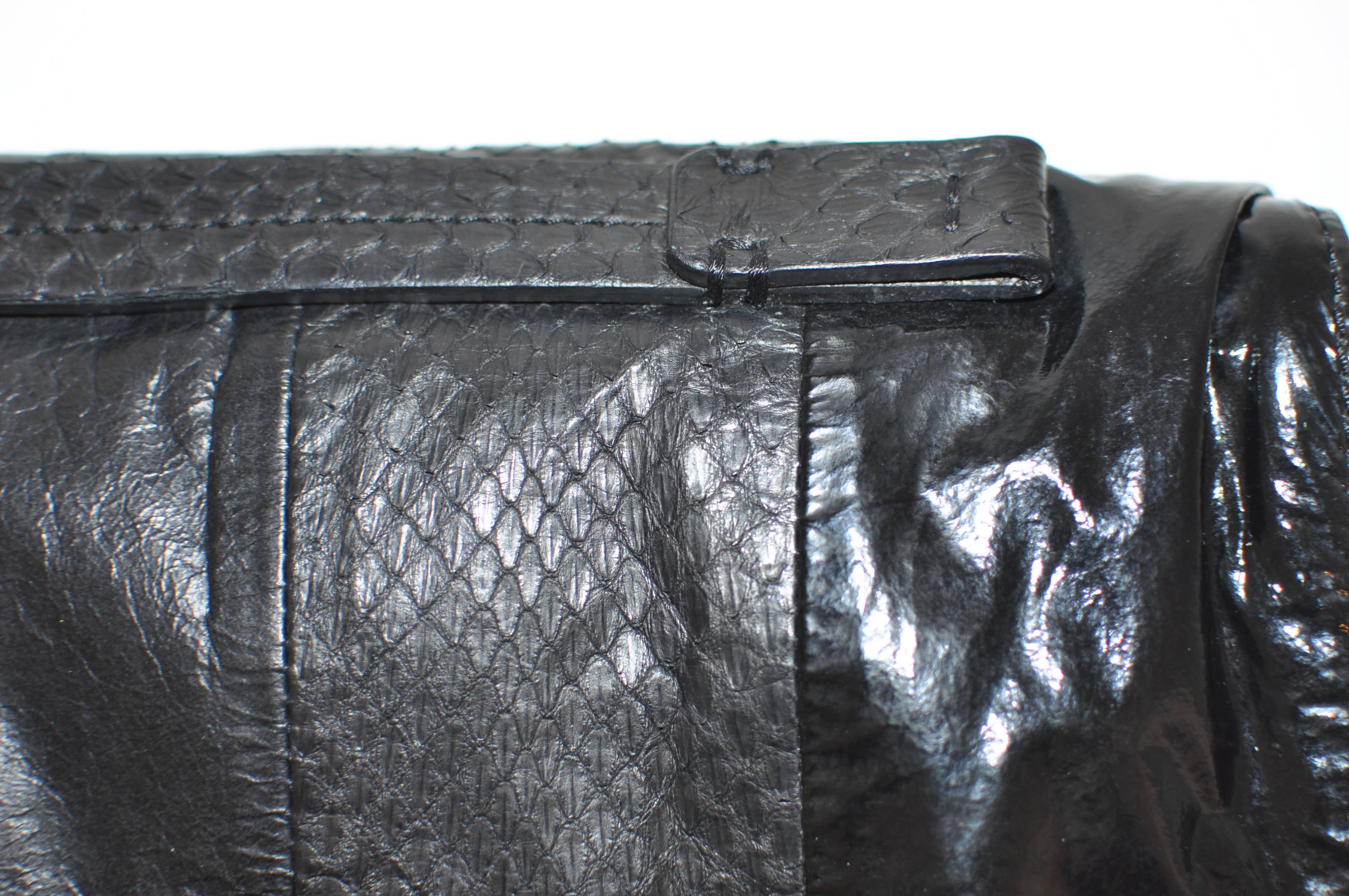 Lanvin Black Patent Leather and Reptile Foldover Flap Clutch with Dust Bag 41402 In New Condition In Port Hope, ON