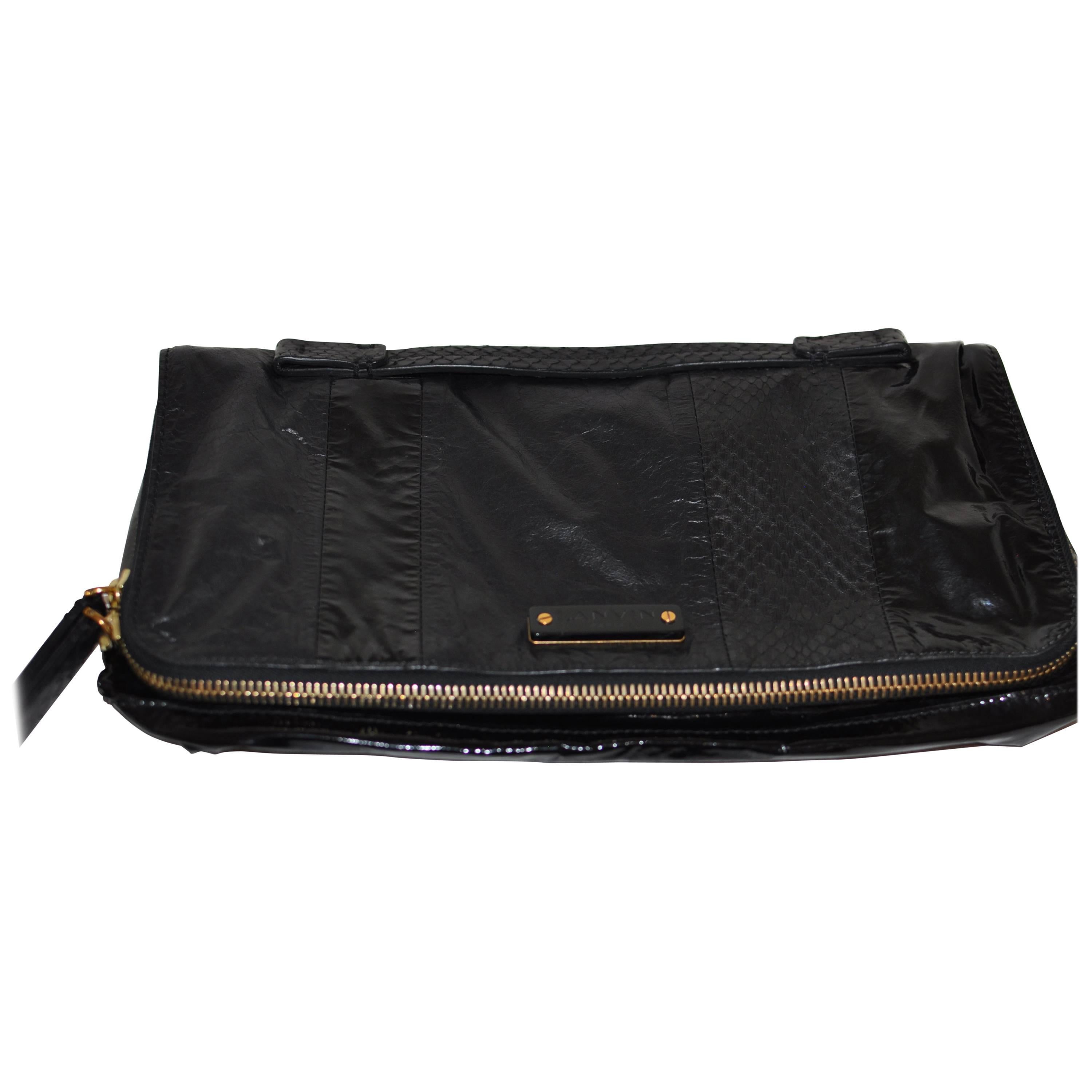 Lanvin Black Patent Leather and Reptile Foldover Flap Clutch with Dust Bag 41402