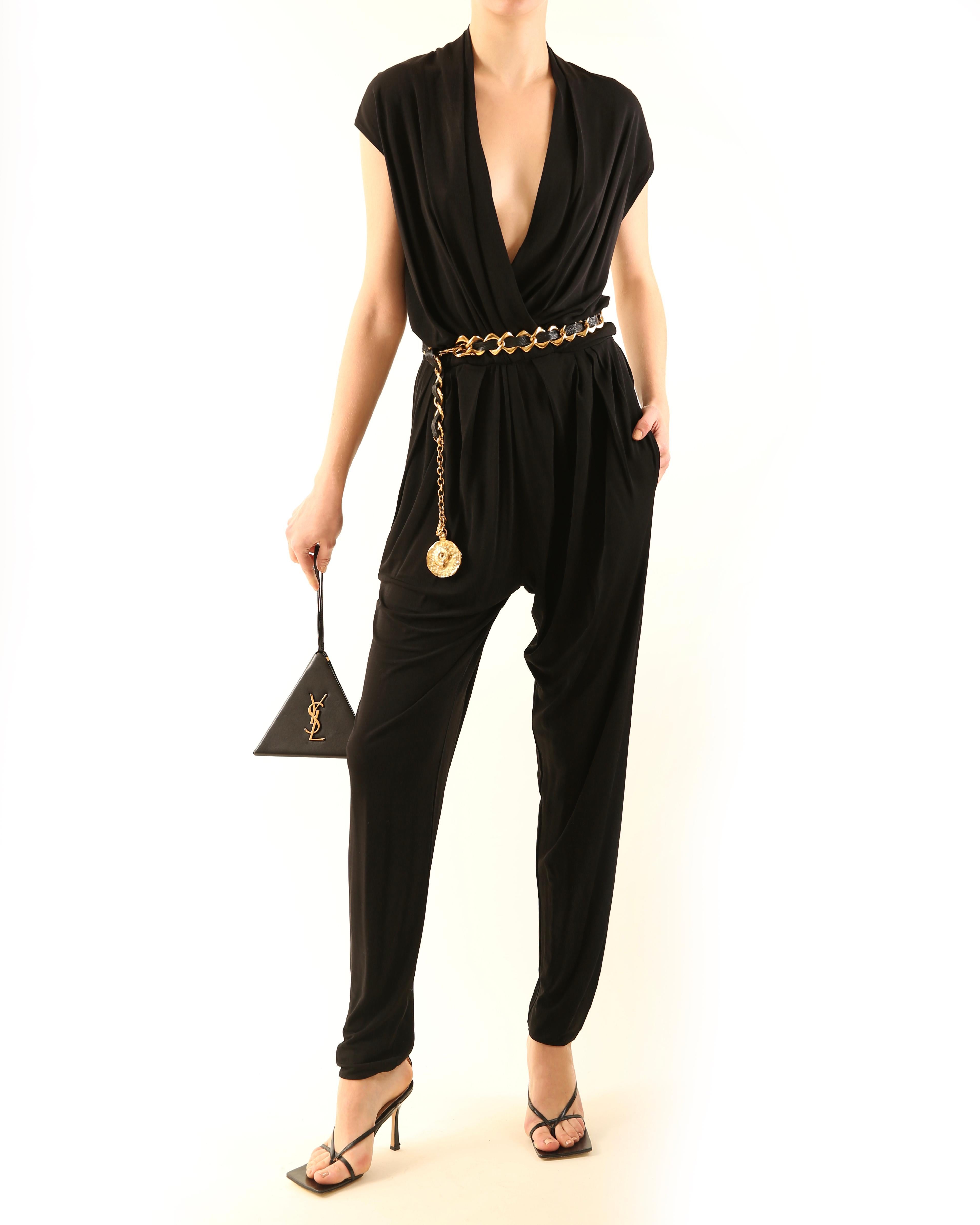 Black Lanvin black plunging neckline low cut sleeveless tapered pant jumpsuit  For Sale