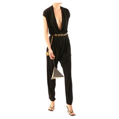 Lanvin black plunging neckline low cut sleeveless tapered pant jumpsuit 
