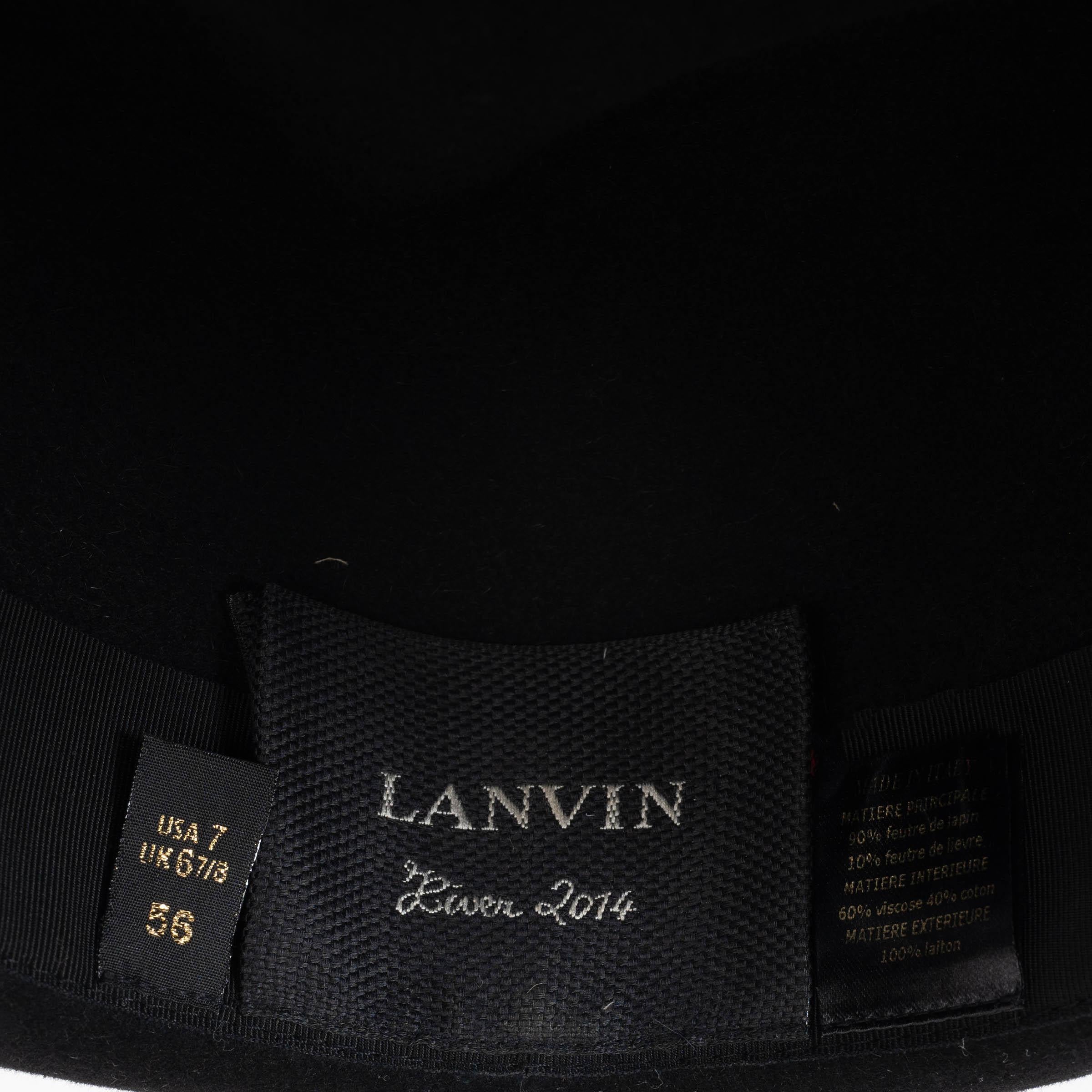 LANVIN black rabbit felt 2014 METAL ROPE Hat 56 in vendita 2