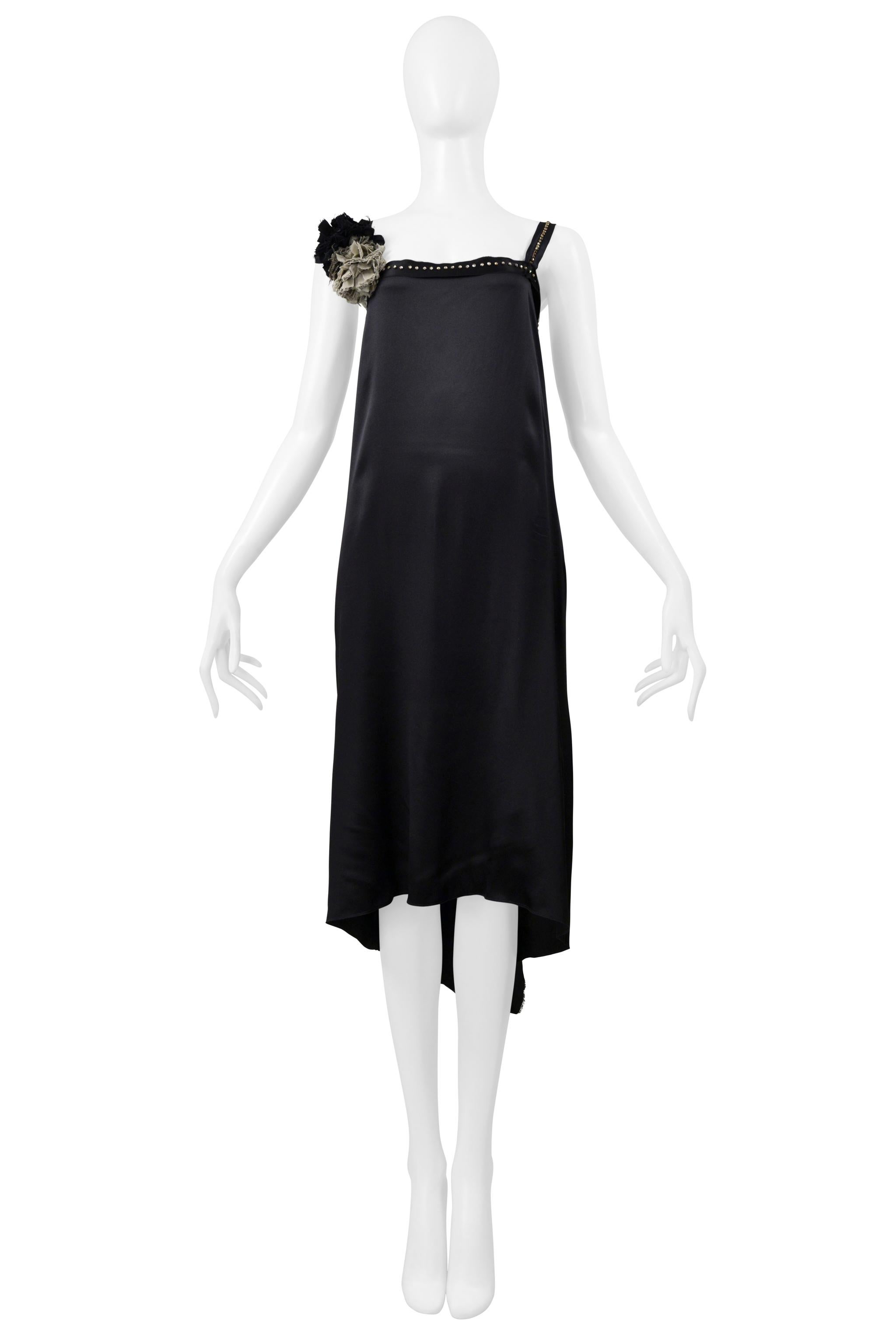 Lanvin Black Satin Disco Dress With Rhinestone Straps & Flowers 2004 In Excellent Condition For Sale In Los Angeles, CA