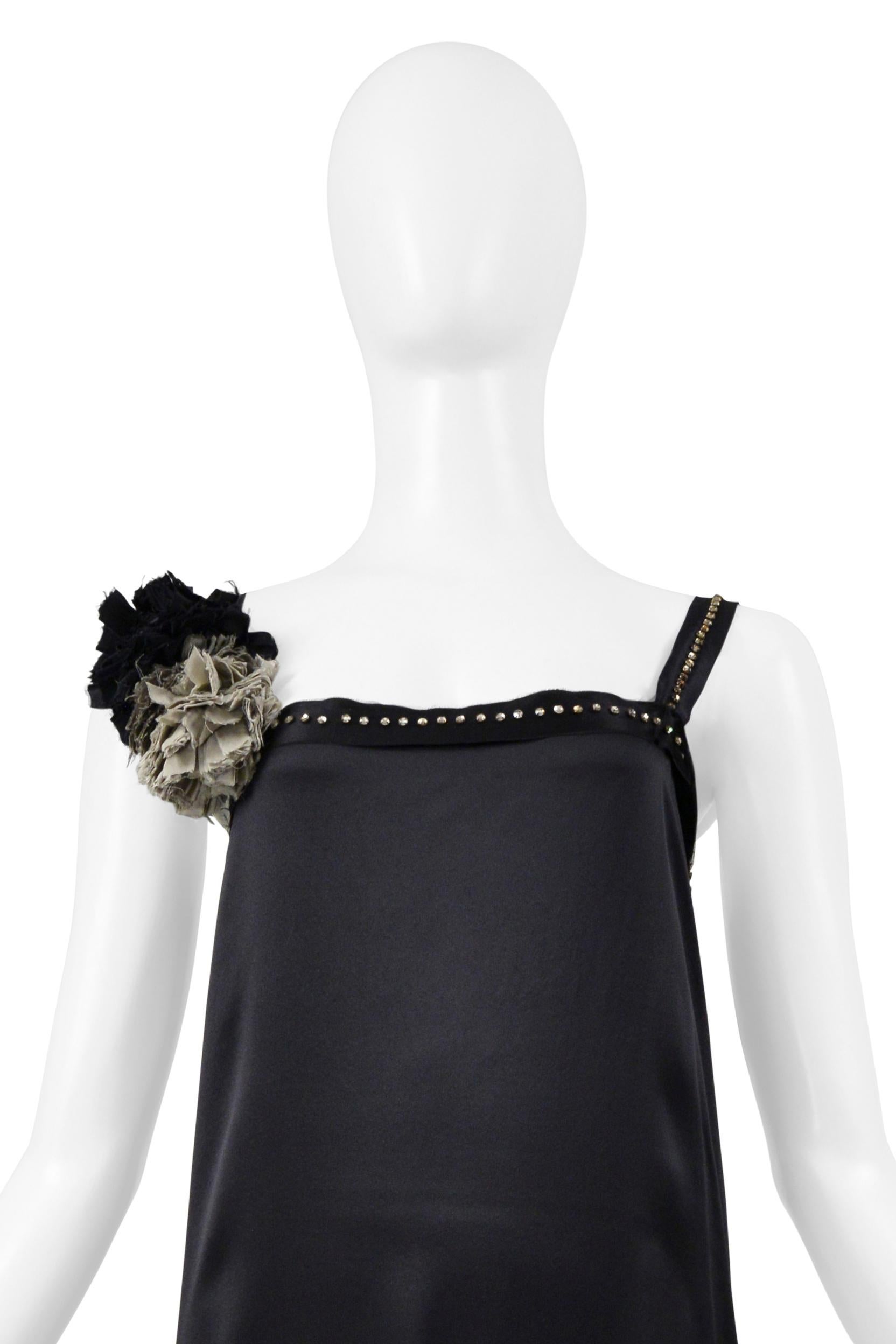Women's Lanvin Black Satin Disco Dress With Rhinestone Straps & Flowers 2004 For Sale