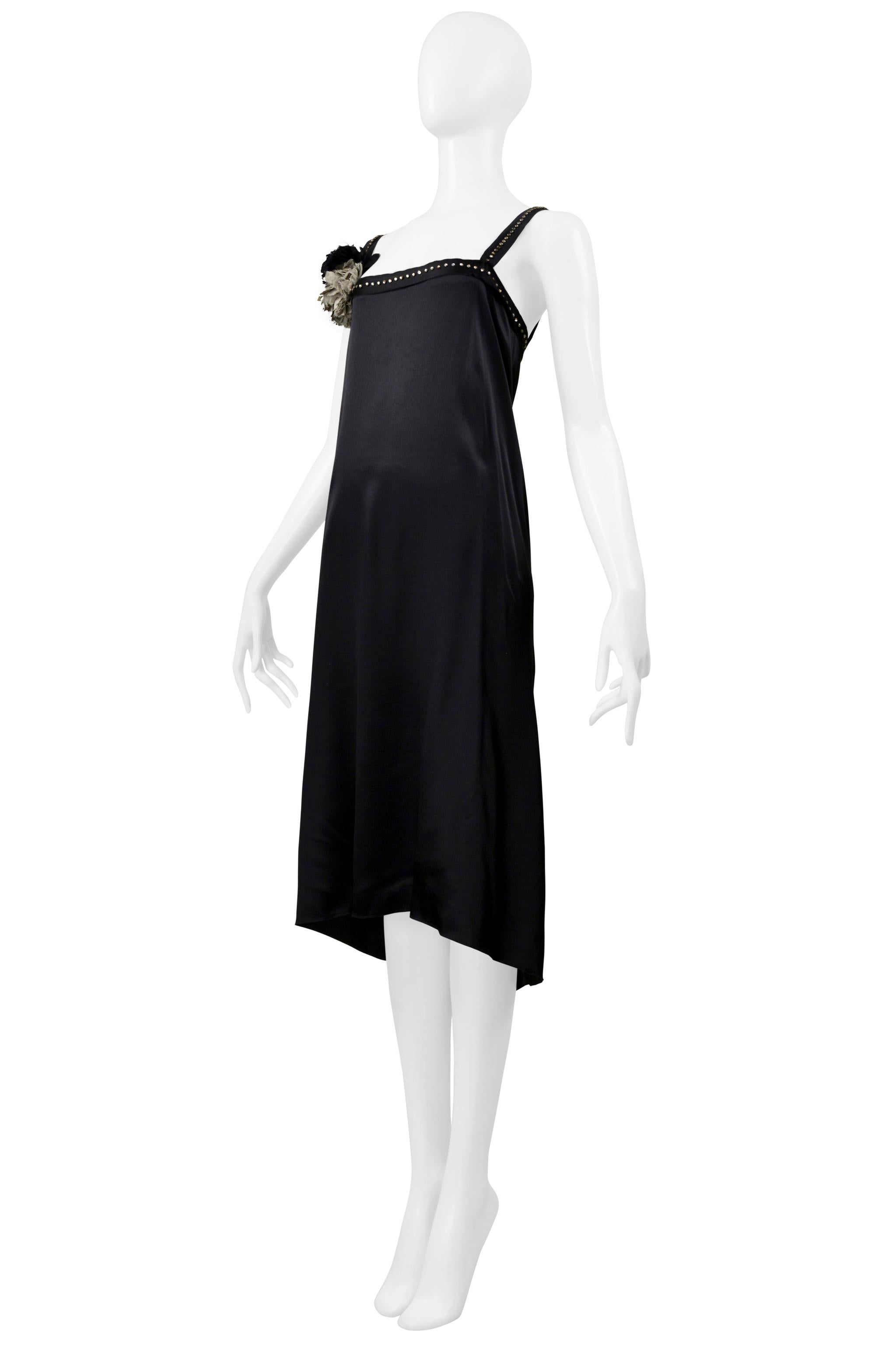 Lanvin Black Satin Disco Dress With Rhinestone Straps & Flowers 2004 For Sale 2