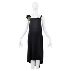 Lanvin Black Satin Disco Dress With Rhinestone Straps & Flowers 2004