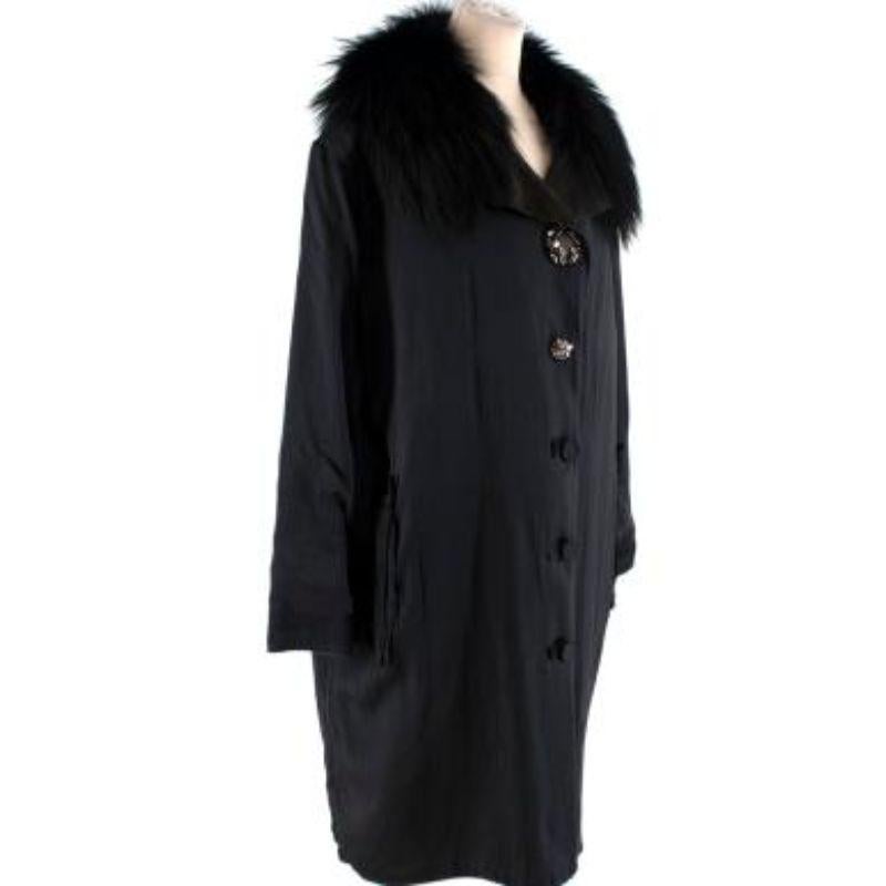 Lanvin Black Silk-Satin Shearling Lined Fox Collar Opera Coat

- Black silk-satin outer, with cocoon-shaped silhouette and wide sleeves
- Trimmed with a dark fox fur collar, and lined in soft xiangao shearling
- Crystal-embellished button closure
-