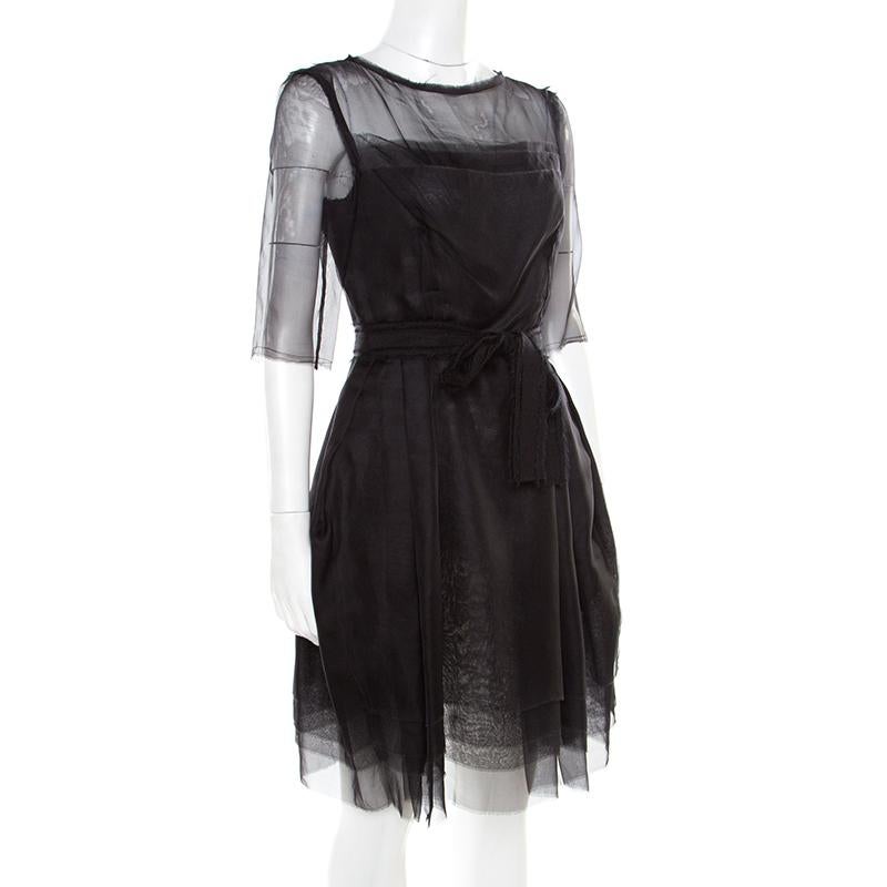 Lanvin Black Silk Organza Raw Edge Detail Sheer Yoke Layered Dress S In Good Condition In Dubai, Al Qouz 2