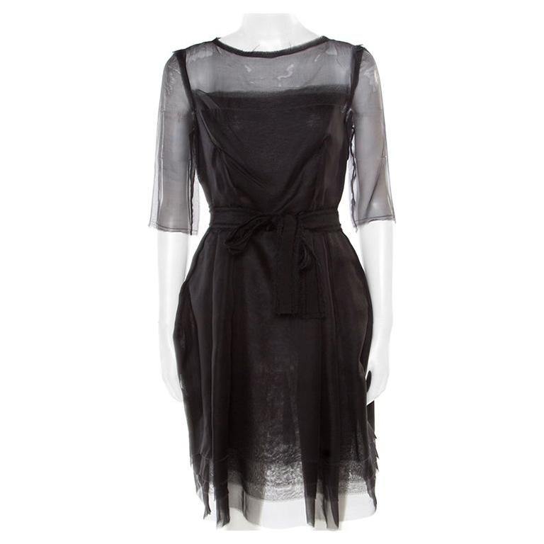 Lanvin Black Silk Organza Raw Edge Detail Sheer Yoke Layered Dress S