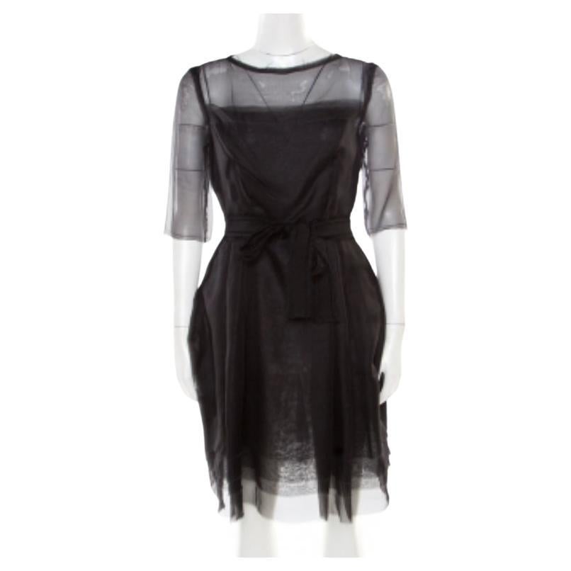 Lanvin Organza de Seda Negra Detalle de Bordes Crudos Vestido con Canesú en Capas S en venta