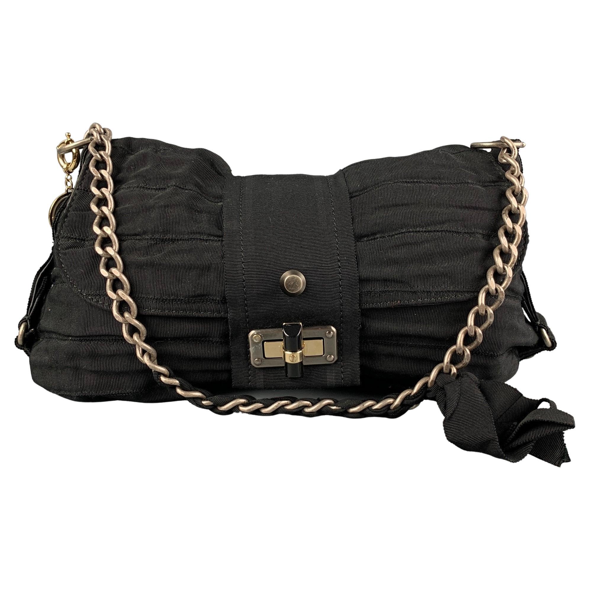 LANVIN Black Silver Textured Fabric Ribbon Shoulder Bag Handbag at