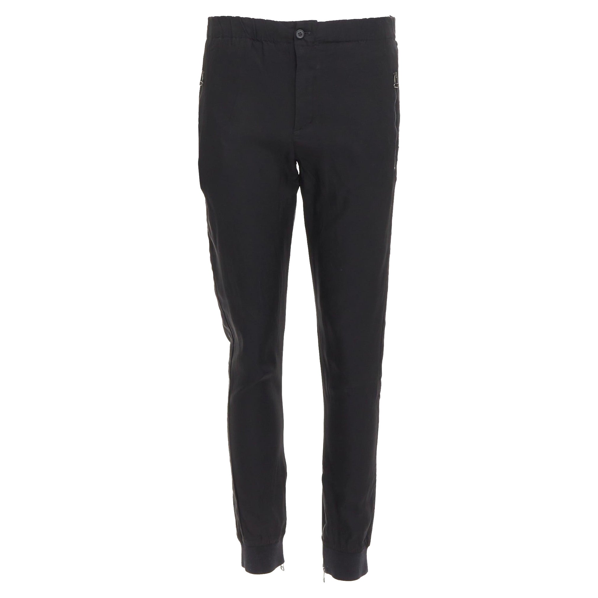 LANVIN Schwarz Silber Reißverschlusstasche Mitte Taille verjüngt Jogger Hose FR46 S im Angebot