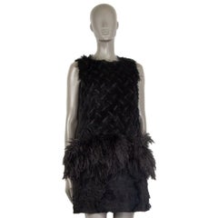 LANVIN black SLEEVELESS FRAYED FIL COUPE OSTRICH FEATHER Mini Dress 38 S
