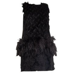 LANVIN Mini robe noire en cuir FRAYED FIL COUPE OSTRICH à manches courtes 38 S