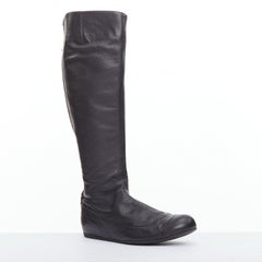 LANVIN black soft leather round toe panelled flat long boots