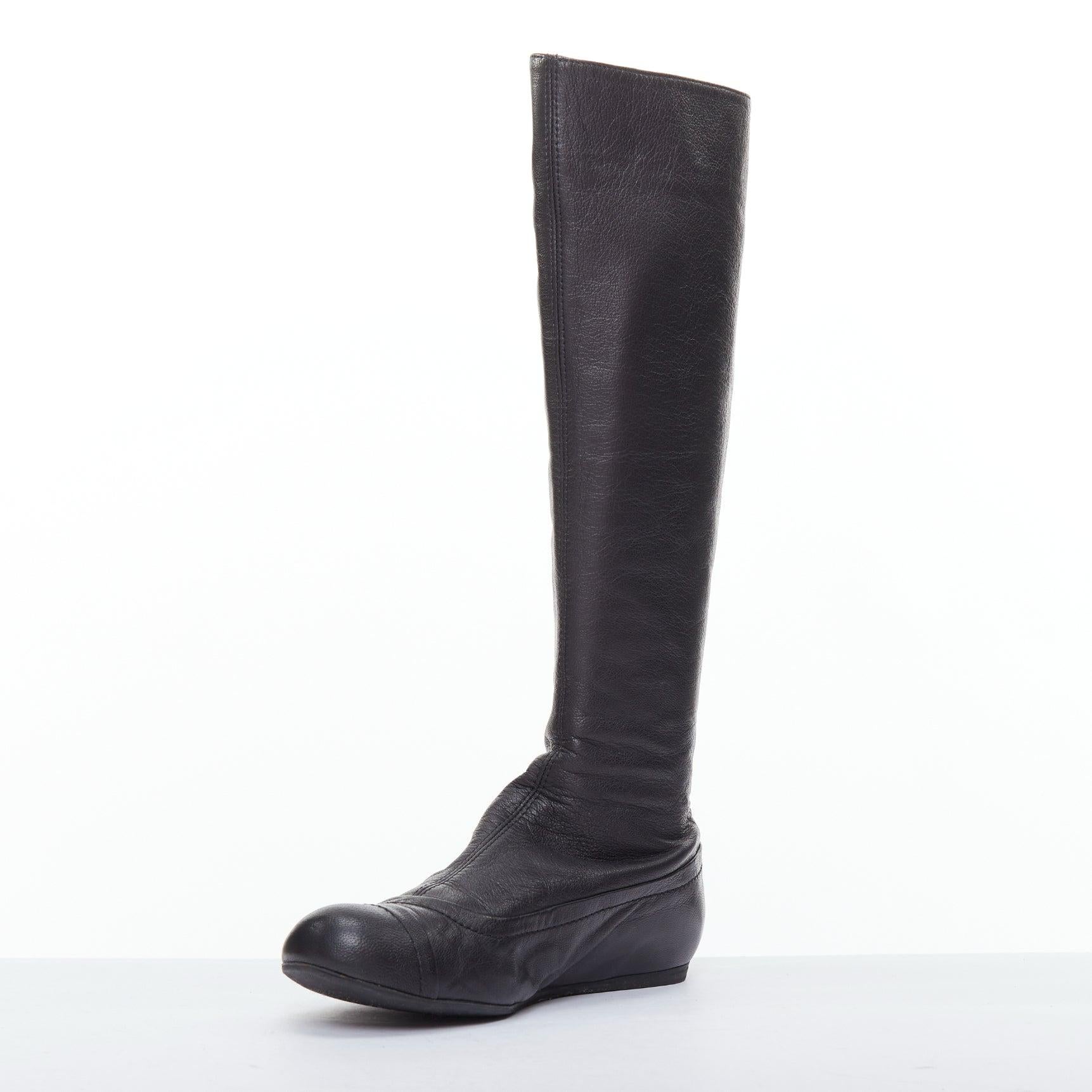 LANVIN black soft leather round toe panelled flat long boots In Good Condition For Sale In Hong Kong, NT