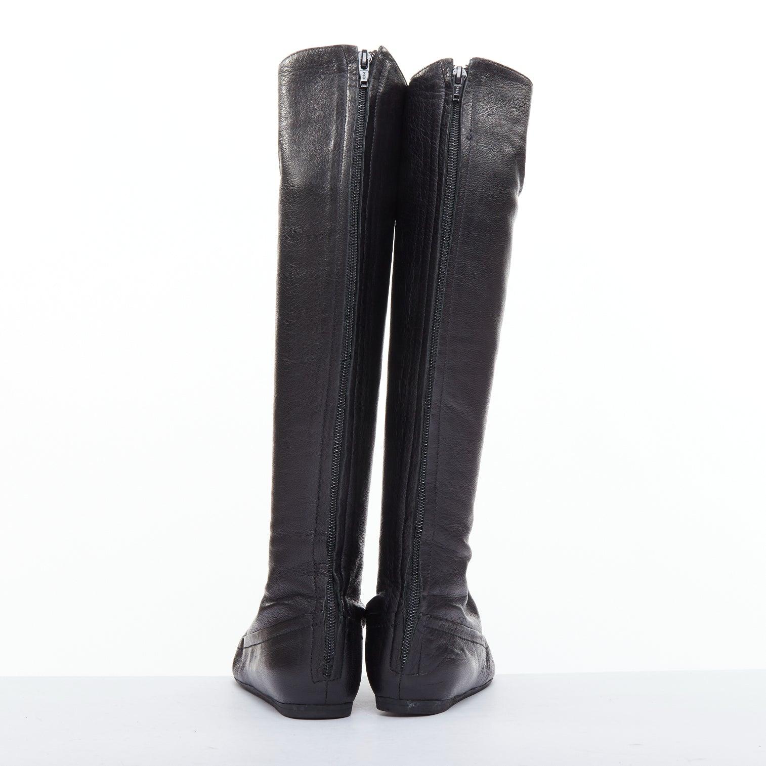 Women's LANVIN black soft leather round toe panelled flat long boots For Sale