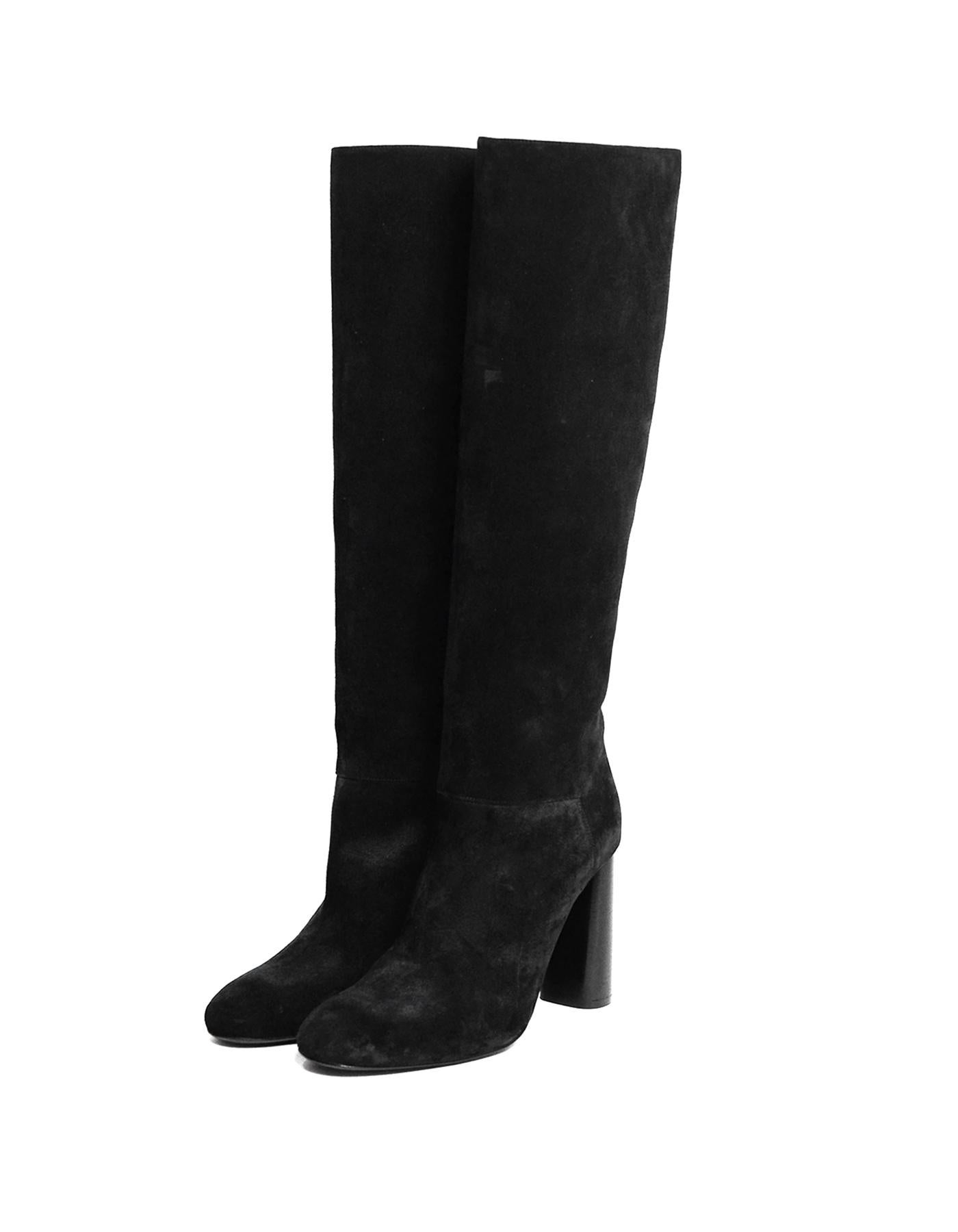 Lanvin Black Suede Knee-High Boots sz 39.5 rt $592

Made In: Italy
Color: Black
Materials: Suede
Closure/Opening: Slide on
Overall Condition: Never worn, with small seam splitting to back and light marks to sides due to storage
Estimated Retail: