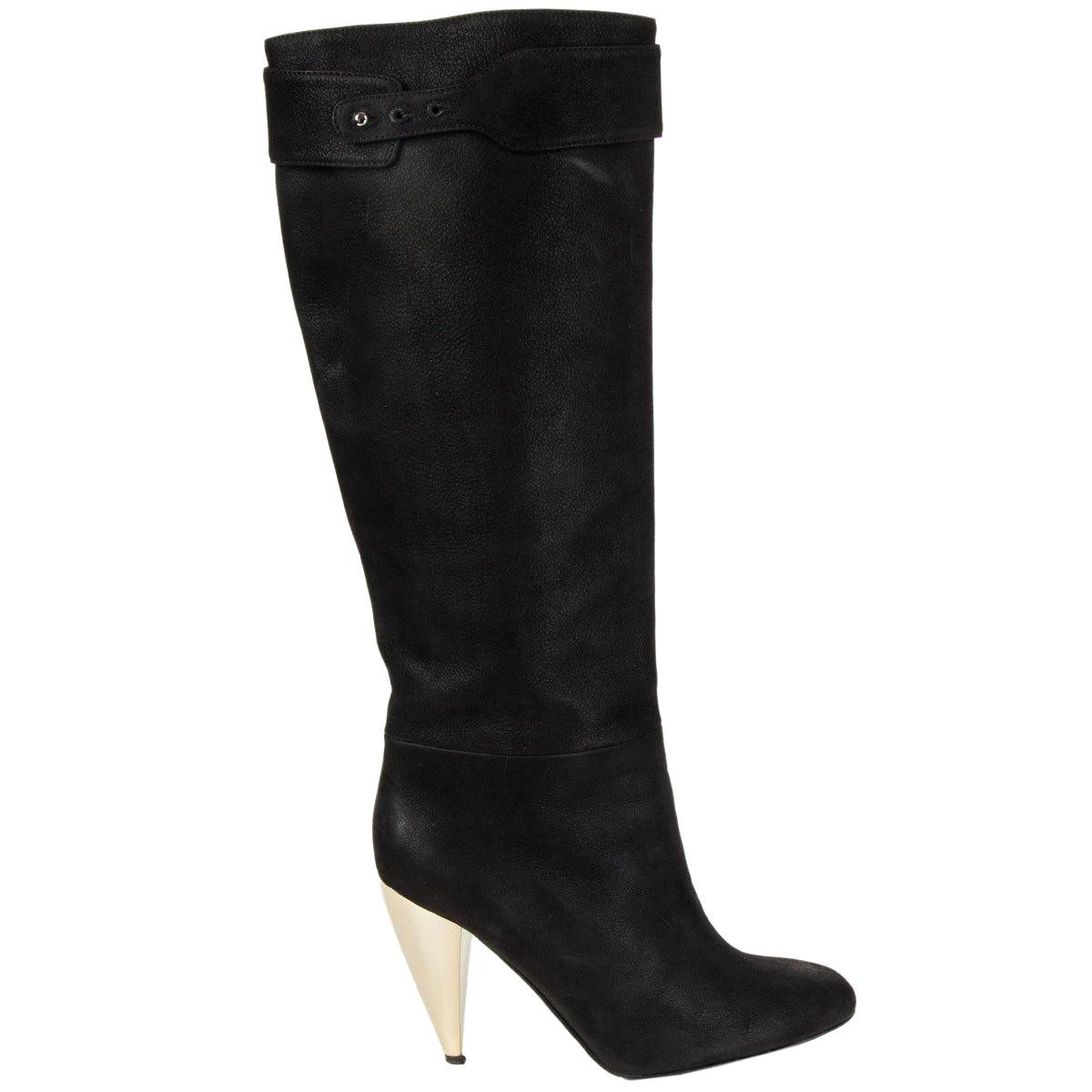 LANVIN black suede METALL HEEL Knee High Boots Shoes 37 For Sale