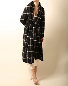 Lanvin black white oversized shawl collar check wool alpaca long midi dress coat