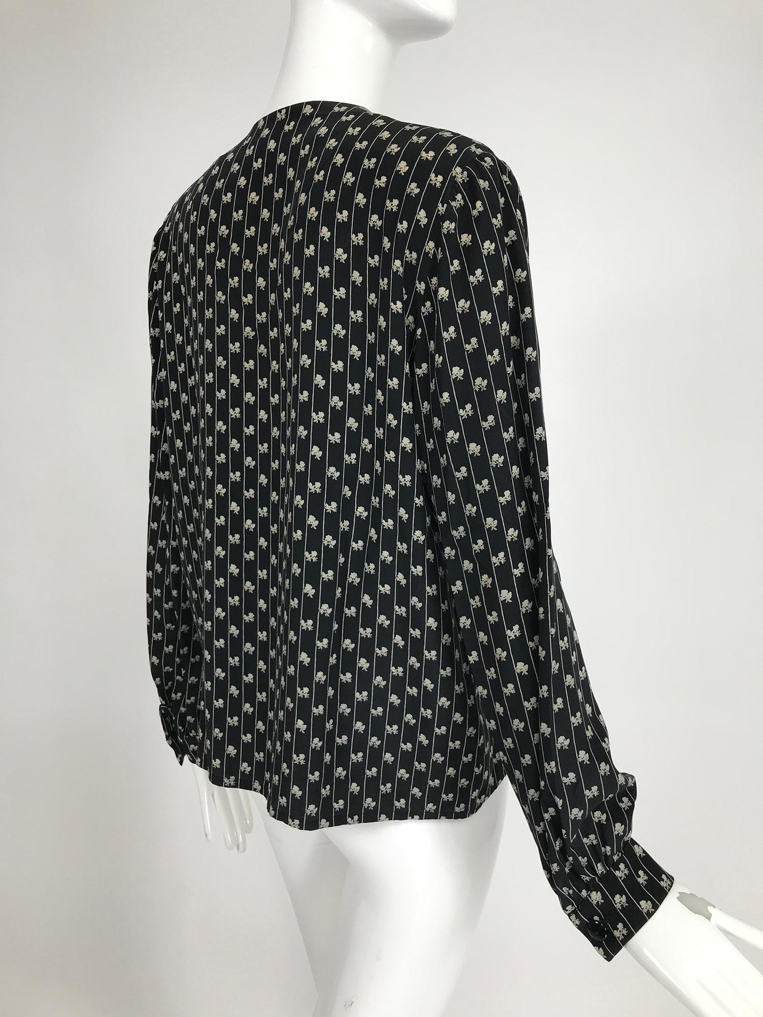 Lanvin Black & White Silk Mini Floral Print Blouse 1970s 44 1