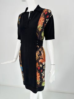 Lanvin Black Wool Blend Knit Floral Silk Print Short Sleeve Polo Neck Dress 4