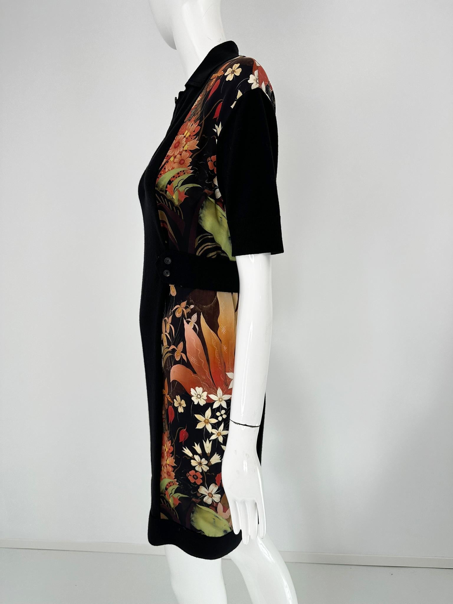 Donna Lanvin Nero Maglia in misto lana con stampa floreale in seta Abito a maniche corte con collo a polo 4 in vendita