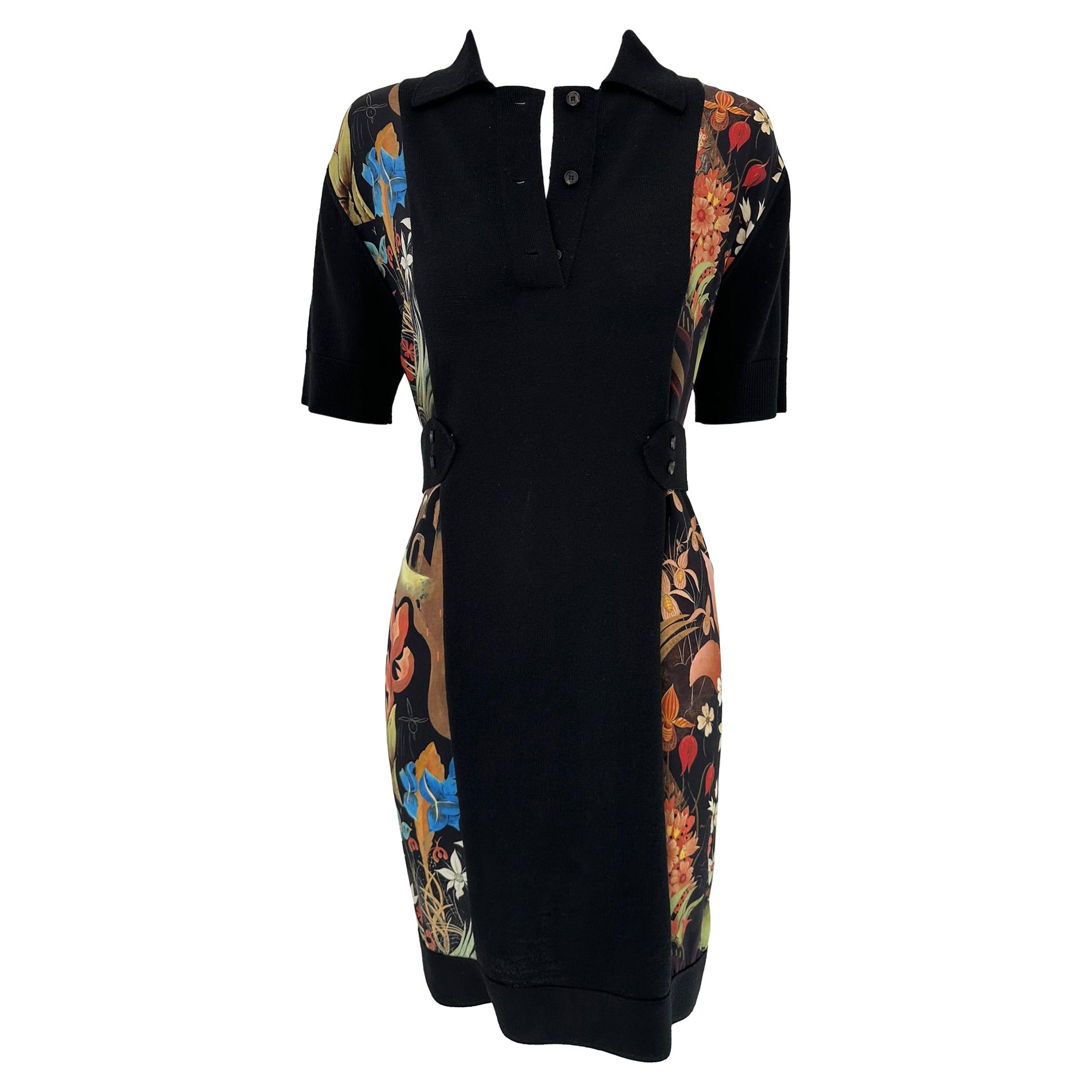 Lanvin Negro Punto Mezcla Lana Estampado Floral Seda Cuello Polo Manga Corta Vestido 4