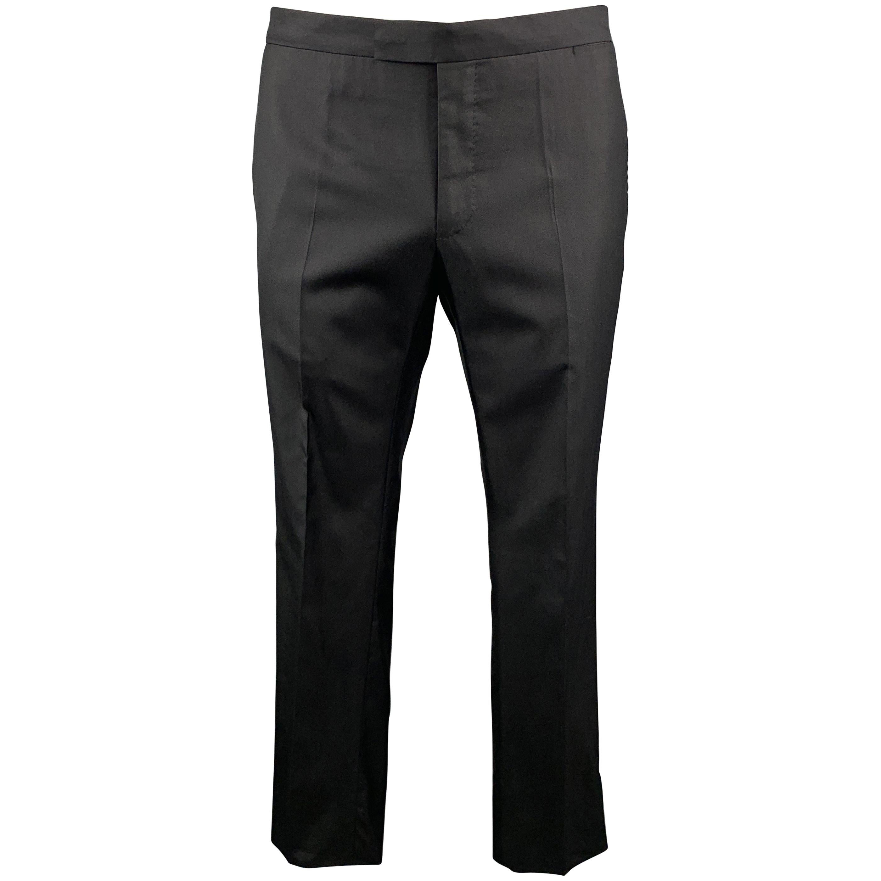 LANVIN Black Wool Tab Waistband Satin Stripe Tuxedo Pants