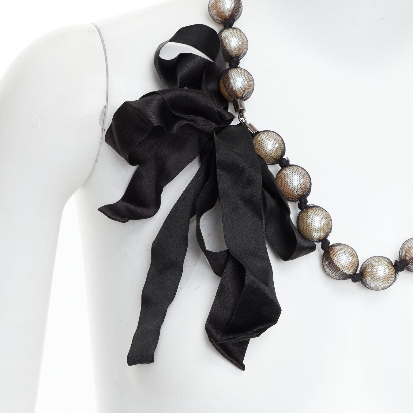 LANVIN black wrapped large faux pearl double ribbon tie princess necklace In Excellent Condition For Sale In Hong Kong, NT