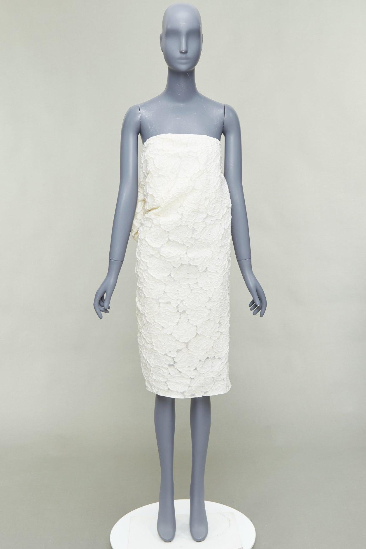 LANVIN Blanche Bridal blanco algodón seda floral lazo grande vestido sin tirantes FR38 M en venta 4