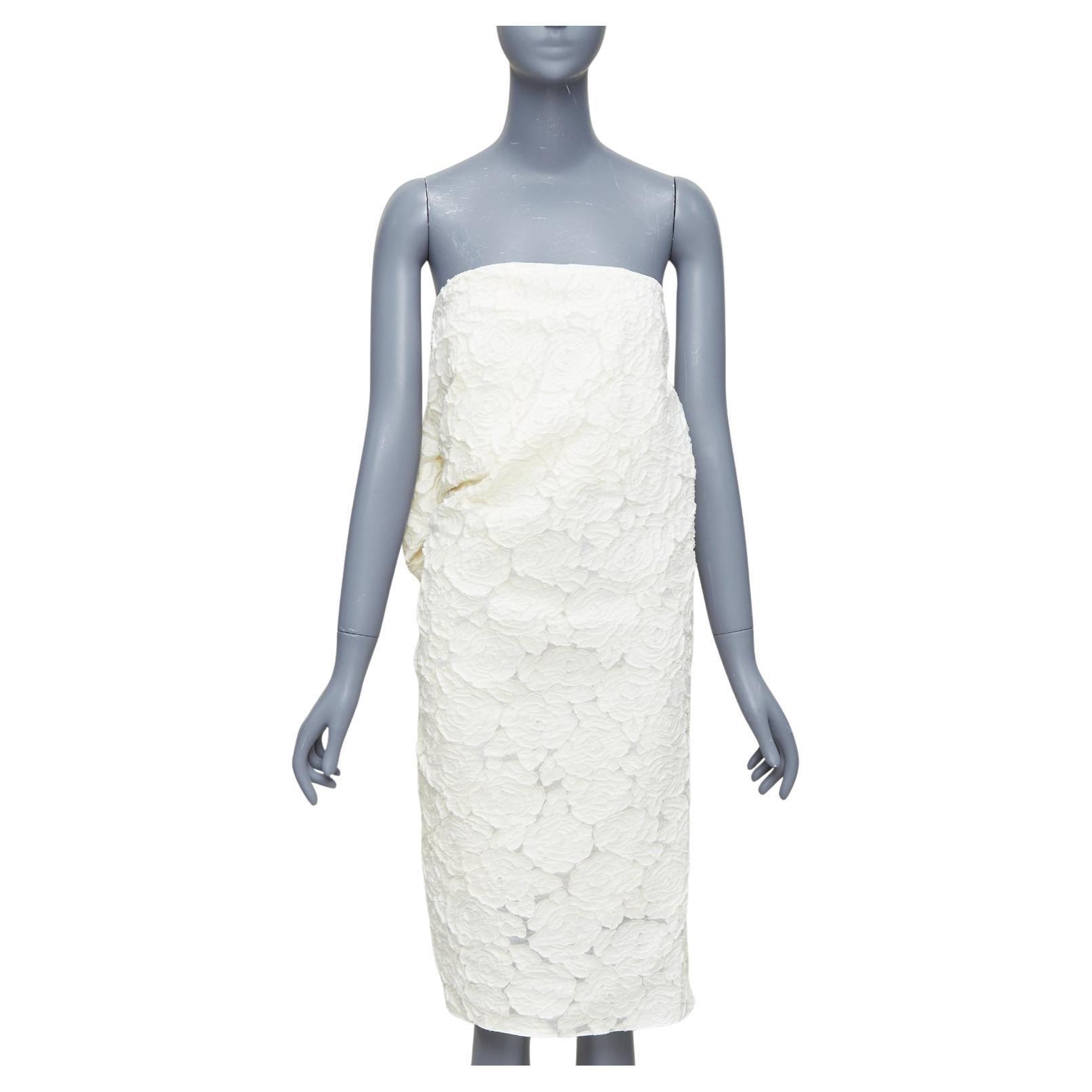 LANVIN Blanche Bridal blanco algodón seda floral lazo grande vestido sin tirantes FR38 M en venta