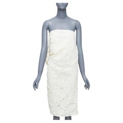 LANVIN Blanche Bridal white cotton silk floral large bow strapless dress FR38 M
