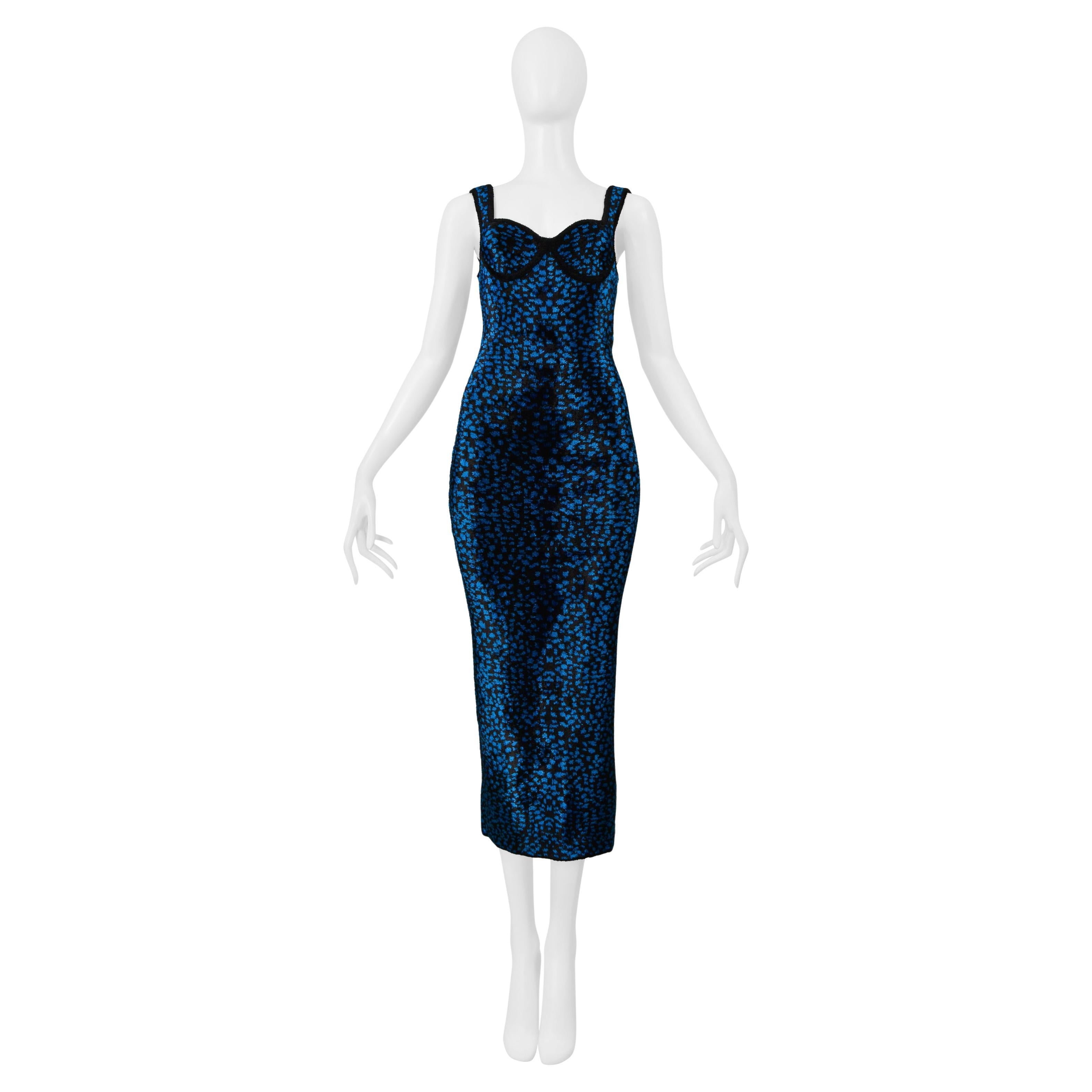 Lanvin Blau und Schwarz Chenille Leopard Kleid im Angebot