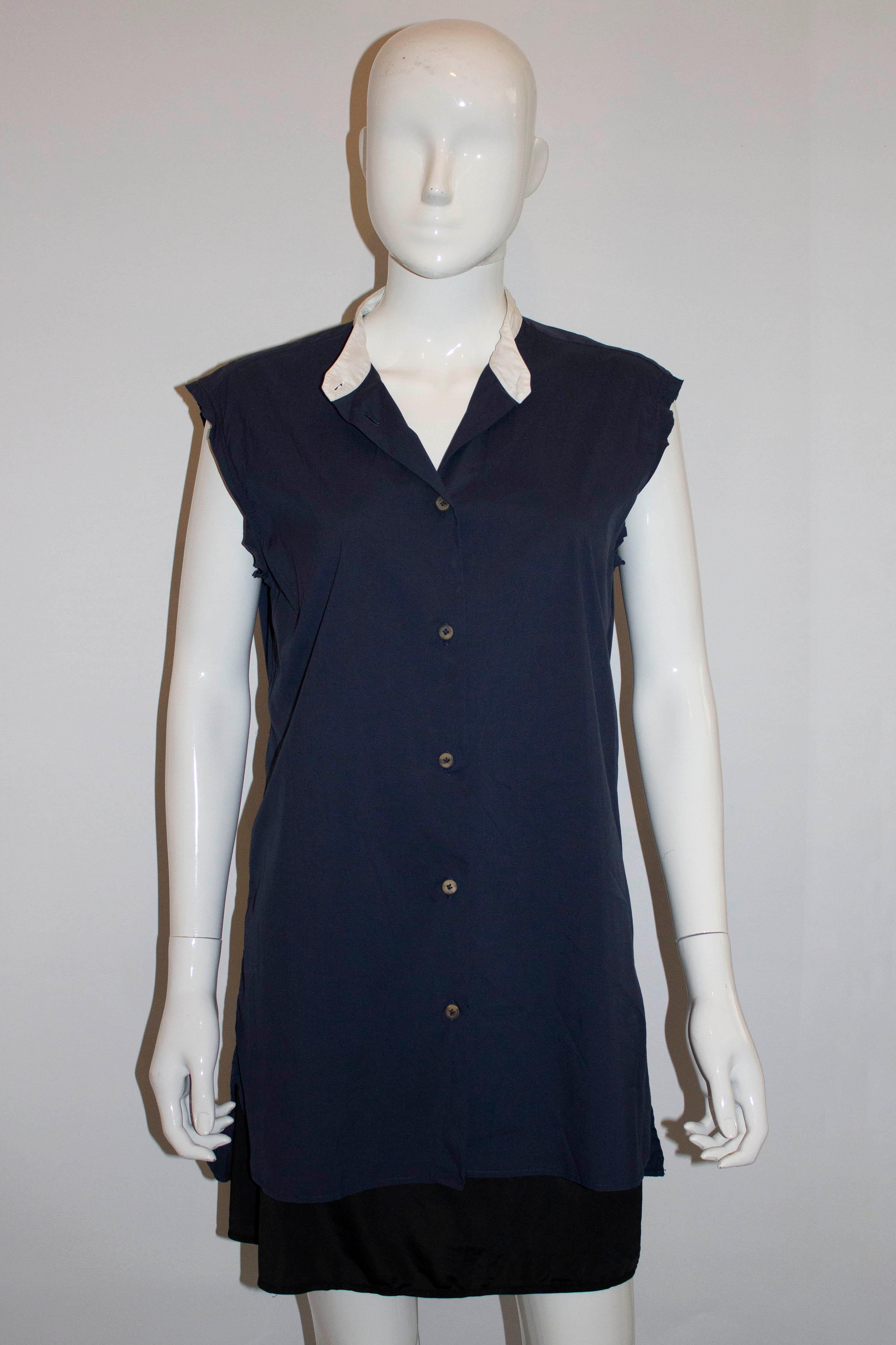 Black Lanvin Blue and White Collarless Shirt For Sale