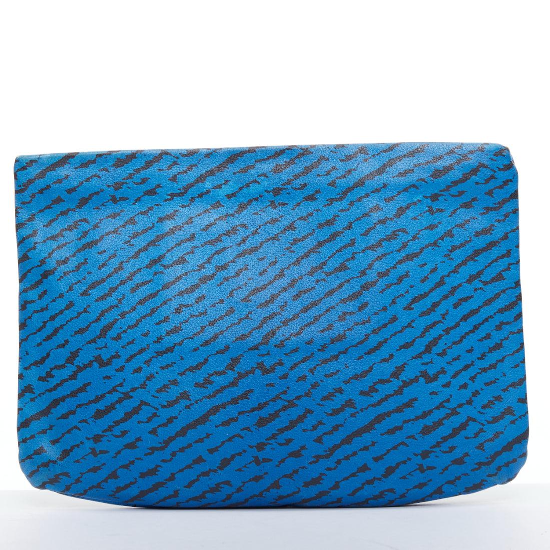 LANVIN blue black abstract printed leather top zip pouch clutch bag In Fair Condition In Hong Kong, NT