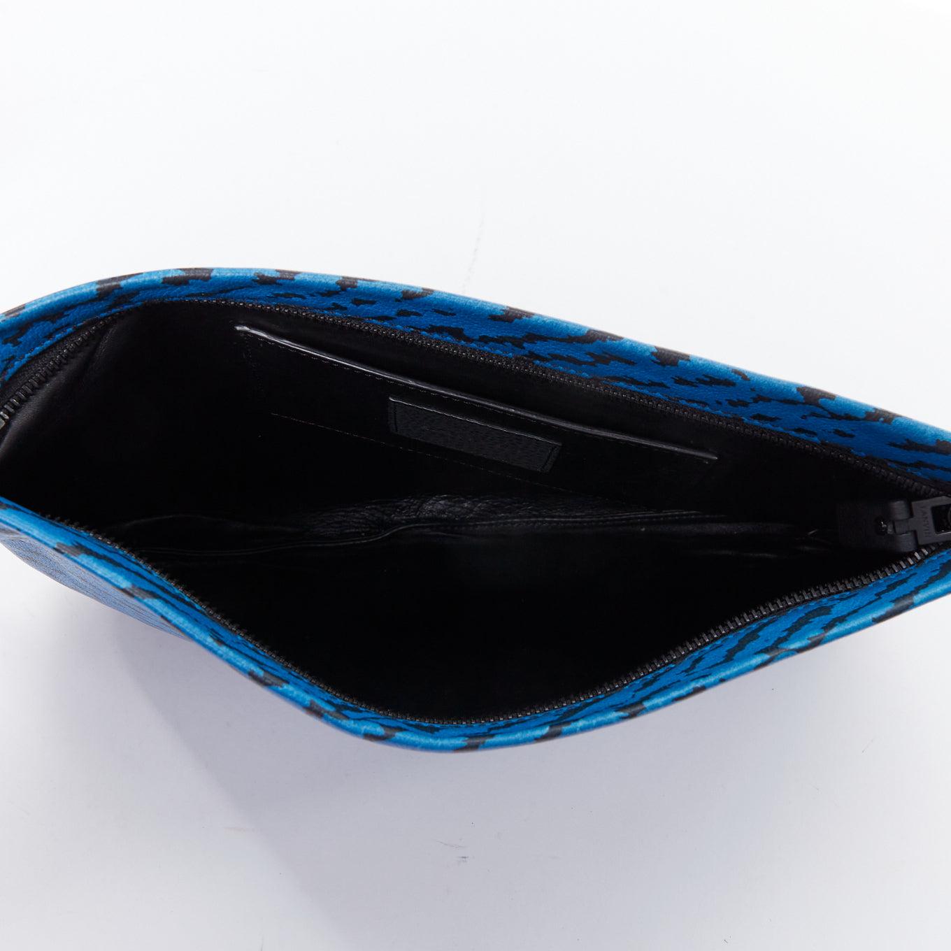 LANVIN blue black abstract printed leather top zip pouch clutch bag 3
